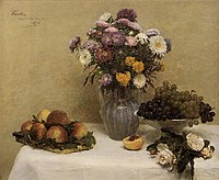 Henri Fantin-Latour, (1836–1904), White Roses, Chrysanthemums in a Vase, Peaches and Grapes on a Table with a White Tablecloth (1867)