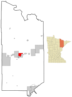 Location of the city of Virginia within St. Louis County, Minnesota