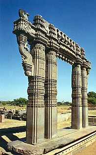 Kakatiya Kala Thoranam (the Warangal Gate) built in the 12th century by the Kakatiya dynasty; the Warangal Fort temple complex was destroyed in the 1300s by the Delhi Sultanate.[137]