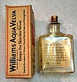 Aqua Velva bottle from the 1930s, showing the back of bottle and side of the outer box