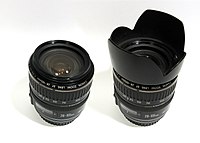 Lens without and with a conical chopped petal (or tulip) lens hood (Canon EF 28–105 mm f/3.5–4.5 USM II).