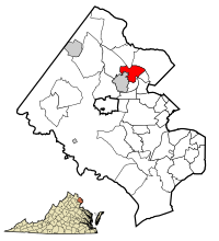 Location of Tysons in Fairfax County, Virginia. Inset: Location of Fairfax County in Virginia