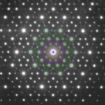 5-cube (Penteract) vertices using 5D orthographic_projection to 2D using Petrie_polygon basis_vectors overlaid on electron diffraction pattern of an Icosahedron Zn-Mg-Ho Quasicrystal.