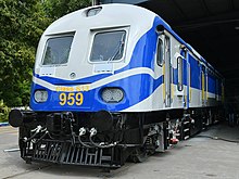 Two-tone blue diesel locomotive