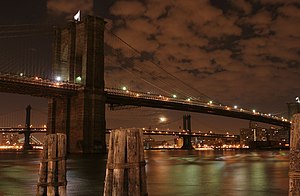 Brooklyn bridge at night, New York city, NY.