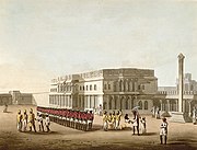 East India Company Sepoys (Indian infantrymen) in red coats outside Tipu Sultan's former summer palace in Bangalore, 1804