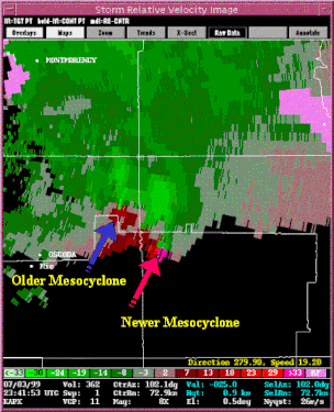 Mesocyclone detection algorithm output on tornadic cells in Northern Michigan on July 3, 1999.