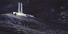 The painting depicts the Vimy Memorial atop a hill ravaged by battle. The contrast between the darkened ground and sky accentuates the stark white of the memorial. In the foreground, countless ghostly figures, adorned in military attire, traverse the battlefield, evoking a haunting sense of the past.