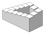 Penrose stairs – created by Oscar Reutersvärd and later independently devised and popularised by Lionel Penrose and his mathematician son Roger Penrose.[4] A variation on the Penrose triangle, it is a two-dimensional depiction of a staircase in which the stairs make four 90-degree turns as they ascend or descend yet form a continuous loop, so that a person could climb them forever and never get any higher.