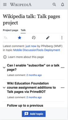 A screenshot showing what mobile Wikipedia talk pages look like when DiscussionTools are enabled.