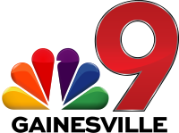 The NBC peacock next to a red numeral 9 trimmed in silver, with the word "Gainesville" in black beneath.