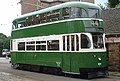 A 1936 Liverpool streamlined tram outside the reconstructed Derby Assembly Rooms at Crich Town End