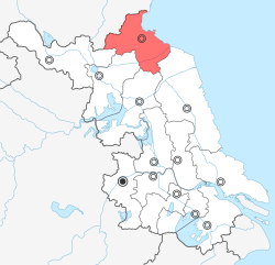 Lianyungang is highlighted on this map of Jiangsu
