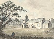 A 1795 watercolour of St Melangell's Church by John Ingleby, showing the square grave chapel at the east end.