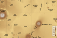 Map of Tharsis quadrangle with major features indicated, Ulysses Tholus is on the bottom-left