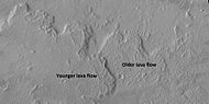 Lava flows on Olympus Mons with older and younger flows labeled, as seen by HiRISE under HiWish program