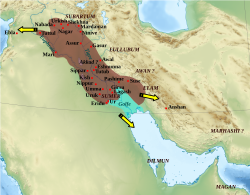 Map of the Akkadian Empire (brown) and the directions in which military campaigns were conducted (yellow arrows)