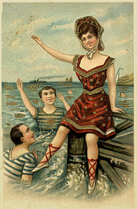 An old European postcard. This postcard features five people out at sea. Four people are swimming, while one person sits atop a dock. This postcard was edited to make the album cover.