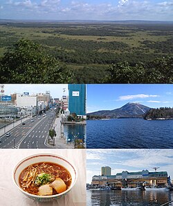 Top：Kushiro Wetland Park, 2nd left：Nusamai Bridge, 2nd right：Lake Akan and Mount Oakan, 3rd left：Kushiro Ramen, 3rd right：Port of Kushiro