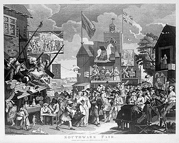 Southwark Fair by William Hogarth, c. 1733–1734; Figg features as the mounted swordsman in the bottom right corner.