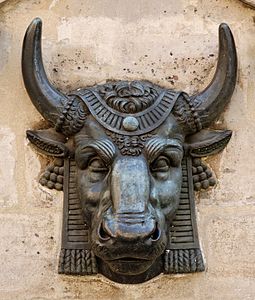 Bronze bull's head, a spout of the meat market fountain of Paris's marché des Blanc-Manteaux, by sculptor Edme Gaulle (1819)