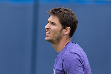 Dušan Lajović during practice at the Queens Club Aegon Championships in London, England.