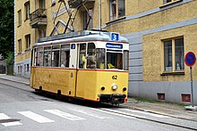 A former East Berlin tram operating on the Bergen heritage tramway in 2009