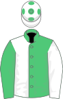 EMERALD GREEN and WHITE HALVED, sleeves reversed, white cap, green spots