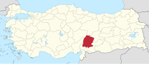 Kahramanmaraş highlighted in red on a beige political map of Turkeym