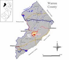 Location of Oxford CDP in Warren County highlighted in yellow (right). Inset map: Location of Warren County in New Jersey highlighted in black (left).