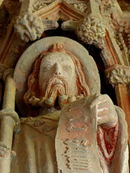 The interior of the south porch. A close-up of one of the statues of the apostles