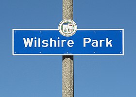 Wilshire Park neighborhood sign at the intersection of Crenshaw Boulevard and Olympic Boulevard