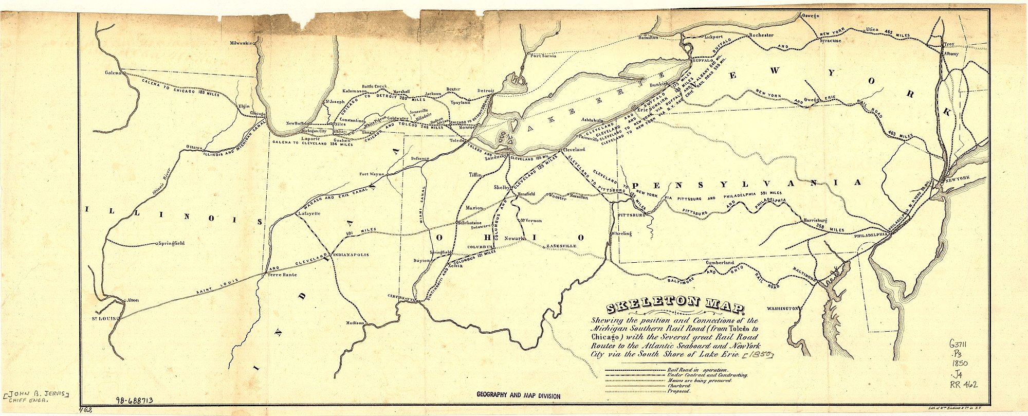 In this 1850 map, the original Wabash and Erie Canal is shown as part of an emerging system of canals and rail lines