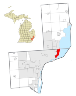 Cities that are included as part of the Grosse Pointe area within Wayne County (bottom) and Macomb County (top)