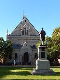 This is a photograph of the University of Adelaide's Elder Hall, a venue for concerts and events with a statue of early university benefactor Thomas Elder in front.