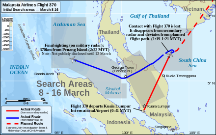 Map of southeast Asia with flight path and planned flight path of Flight 370 in the foreground. The search areas are depicted in transparent grey colour. Search areas include the South China Sea and Gulf of Thailand near the location where Flight 370 disappeared from secondary radar, a rectangular area over the Malay Peninsula, and a region that covers roughly half of the Strait of Malacca and Andaman Sea.