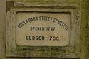 The marble plaque which reads: "South Park Street Cemetery, opened 1767, closed 1790"