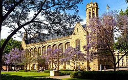 This is a photograph of the University of Adelaide's Bonython Hall, which was inspired by the Great Hall of the University of Sydney and of the ancient universities in Europe.