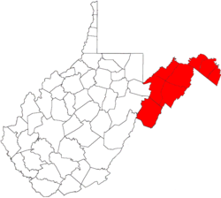 The eastern panhandle of West Virginia (highlighted in red)