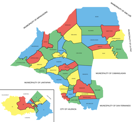 Political map of Malaybalay showing the 46 barangays under its jurisdiction. Poblacion district is enlarged below left. All boundaries are approximate and are not authoritative.
