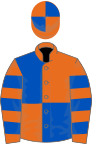 ORANGE, Royal Blue quartered, Orange sleeves and Royal Blue hoop, Orange cap and Royal Blue quartered