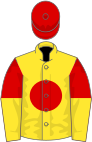 Yellow, red disc, red and yellow halved sleeves, red cap