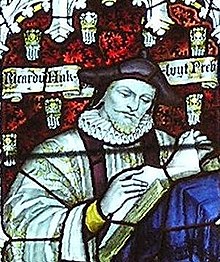 Hakluyt depicted in stained glass in the west window of the south transept of Bristol Cathedral – Charles Eamer Kempe, c. 1905