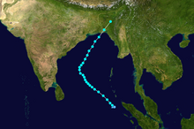 The track of Cyclone Viyaru over the Bay of Bengal. The cyclone moved northeast for about half its lifespan, and then curved and moved northwest, making landfall on Bangladesh.