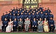 Pranab Mukherjee in a group photograph with the Probationers of Indian Ordnance Factories Service (IOFS) 2014 (II) Batch and 2015 (I & II) Batches from the National Academy of Defence Production, Nagpur.jpg