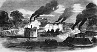 Depiction of the explosion aboard the ironclad Mound City (center)