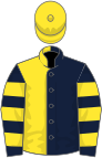Dark blue and yellow (halved), hooped sleeves, yellow cap