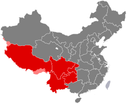 Government-defined region of Southwest China(including Chongqing, Sichuan, Guizhou, Yunnan, and Tibet) (Red): Controlled by China ;(Light red): Disputed territory