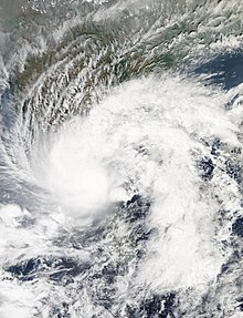 A satellite image of Deep Depression BOB 03 while the storm was located in the Bay of Bengal just off the southern Indian coast on 9 November