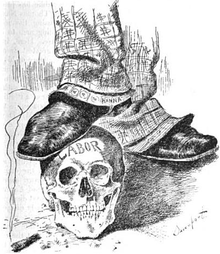 Political cartoon, showing the ankles and feet of a man; the suit trousers are labeled "Hanna" and are covered with dollar signs. One foot rests on a skull, marked "Labor". Resting on the ground near the skull is a burning cigar.